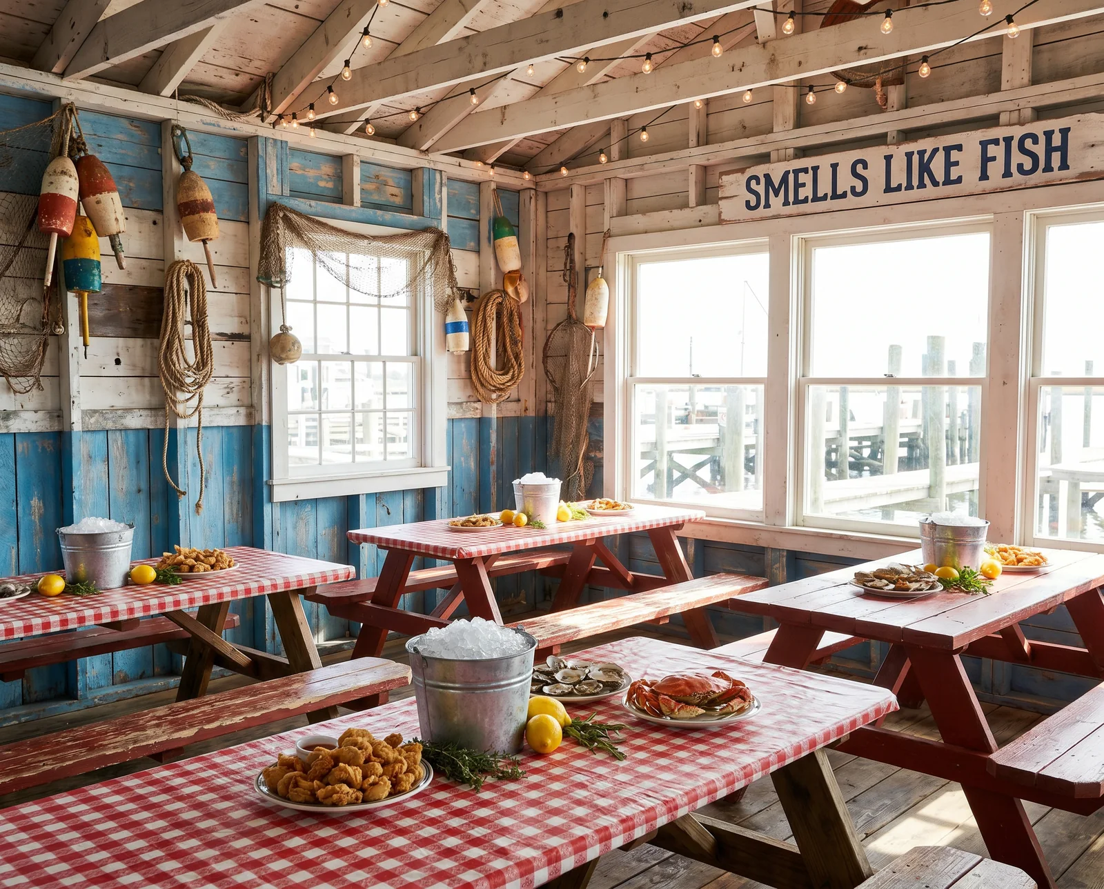 Inside the dockside seafood shack